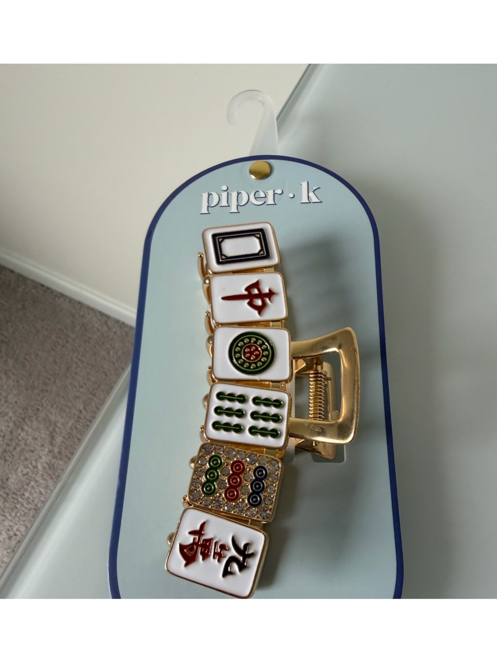 Piper k Mahjong Tile Enamel Hair claw Clip - White, Gold, Green, Red